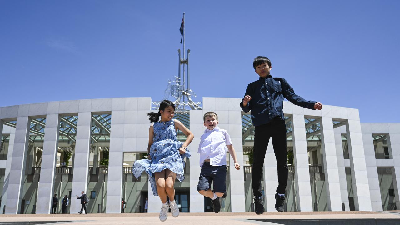 The 2023 Prime Minister's Spelling Bee national champions Abigail Koh, Samuel Wright and Zachary Cheng won a trip to Canberra to meet Prime Minister Anthony Albanese. Picture: NCA NewsWire/Martin Ollman