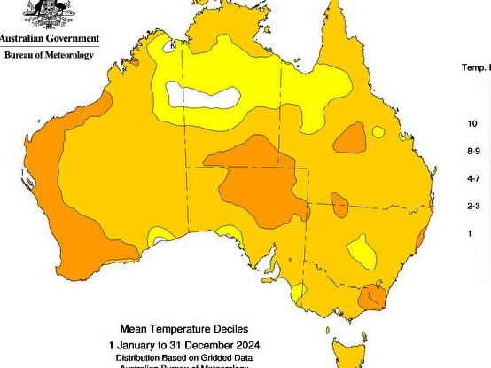 Mean temperature deciles for 2024. Picture: Bureau of Meteorology