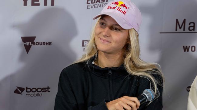 Molly Picklum at a Rip Curl Pro Bells Beach press conference before her shock exit. Picture: Brad Fleet