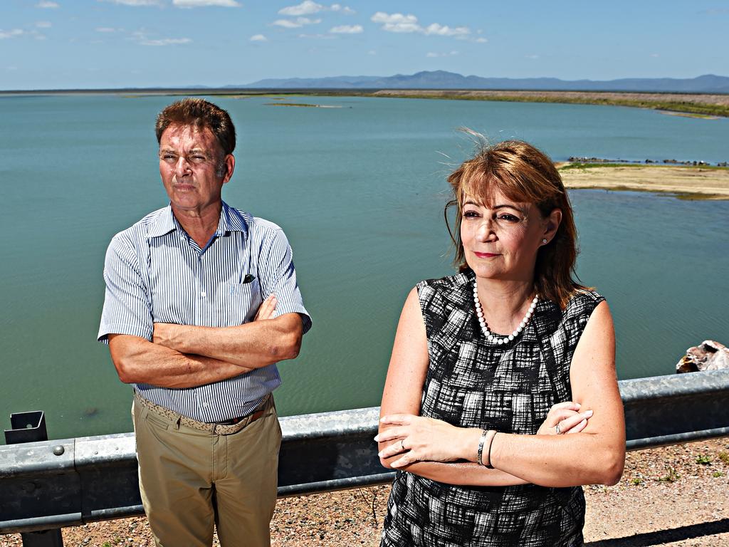 Former Townsville Water and Waste Committee chairman Cr Paul Jacob with Townsville mayor Jenny Hill at the drought affected Ross River Dam in 2016. Picture: Zak Simmonds