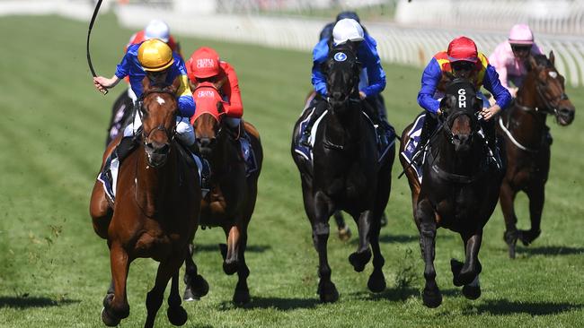 Jockey Mark Zahra drives Santa Ana Lane (left) to a memorable victory.