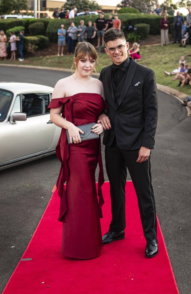 Graduate Zachary Jumper and partner Emily Gillett arrive at Mary MacKillop Catholic College formal at Highfields Cultural Centre, Thursday, November 14, 2024. Picture: Kevin Farmer