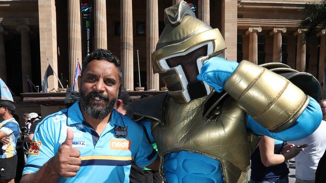 Preston Campbell and the Titans mascot at City Hall. Picture: Annette Dew