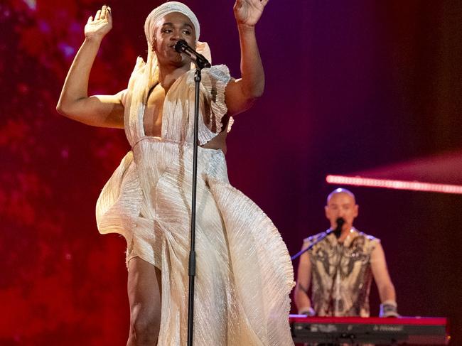 Electric Fields sings One Milkali (One Blood) for Australia at the first rehearsal of the first semi-final at Malmo. Picture: Sarah Louise Bennett