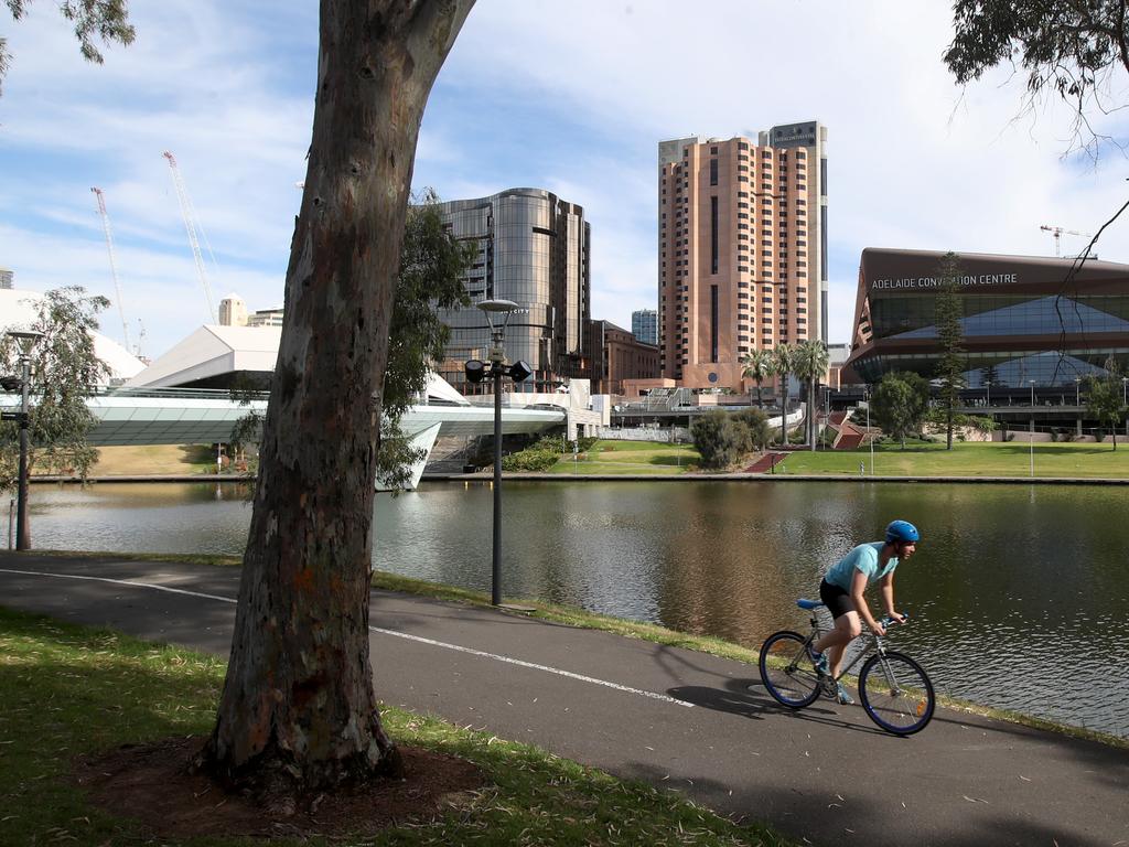 A man cycles along the Torrens River in Adelaide after the strict lockdown measures eased. Photo: Kelly Barnes