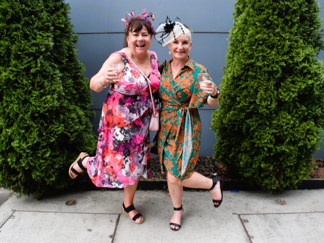 Kerrin Jones and Julie McKnight enjoying all the action at the Ladbrokes Cranbourne Cup on Saturday, November 23, 2024. Picture: Jack Colantuono