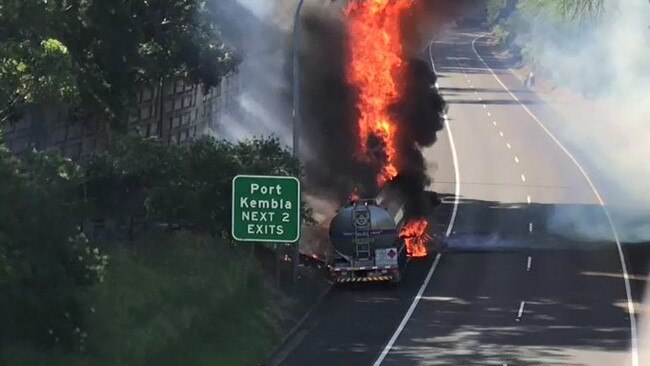 A 36,000 litre fuel tanker on fire on the Princes Motorway near the Princes Highway in West Wollongong. Picture: Nine News