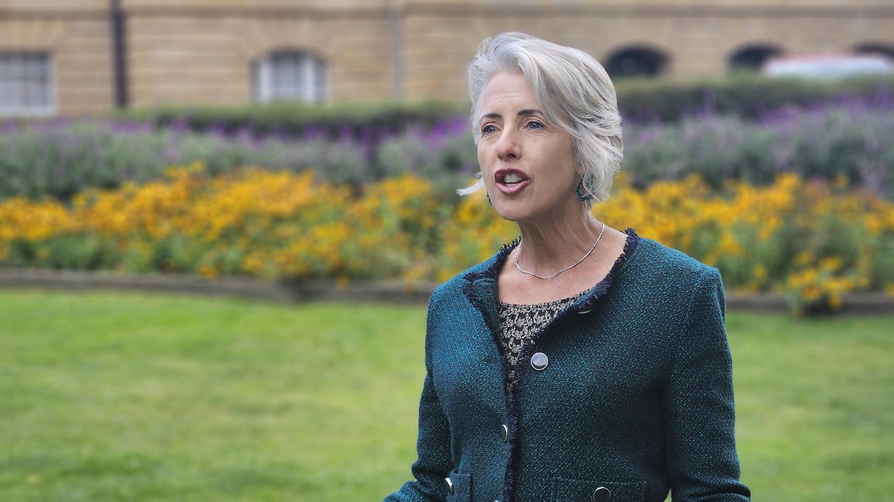 Greens leader Rosalie Woodruff speaks to the media on Parliament Lawns in Hobart on Monday, March 25, 2024.