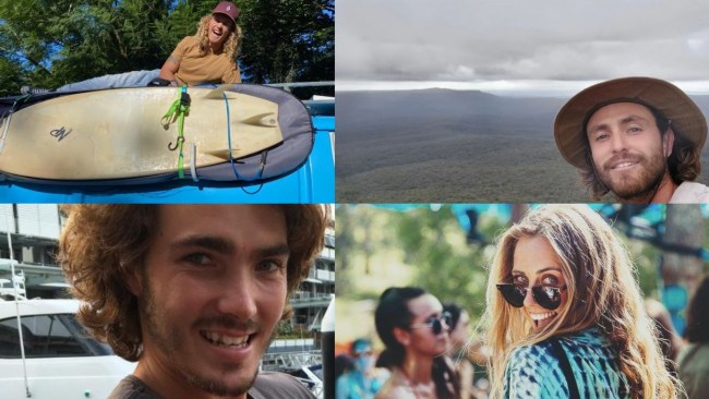 Four Australians (Clockwise L-R Jordan Short, Elliot Footte, Steph Weisse and Will Teagle) are missing in Indonesia after their boat failed to reach its destination. Picture: Supplied