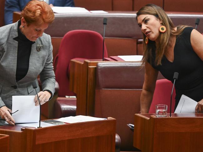 CANBERRA, AUSTRALIA, NewsWire Photos. JUNE 15, 2023: Pauline Hanson watches on as Independent Senator Lidia Thorpe addresses the Senate following her allegation that Liberal Senator David Van sexually assaulted her at Parliament House in Canberra. Picture: NCA NewsWire / Martin Ollman