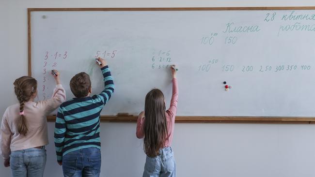 Schoolchildren who recently fled war-torn Ukraine attend Ukrainian primary school education at the "Classroom for Ukraine" project on April 28, 2022 in Berlin, Germany.