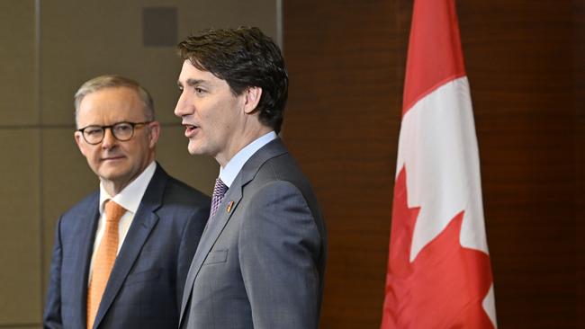 Australian Prime Minister Anthony Albanese and Canadian Prime Minister Justin Trudeau during a bilateral meeting ahead of the NATO Leaders Summit in Madrid, Spain, Thursday, June 30, 2022. Picture: Supplied