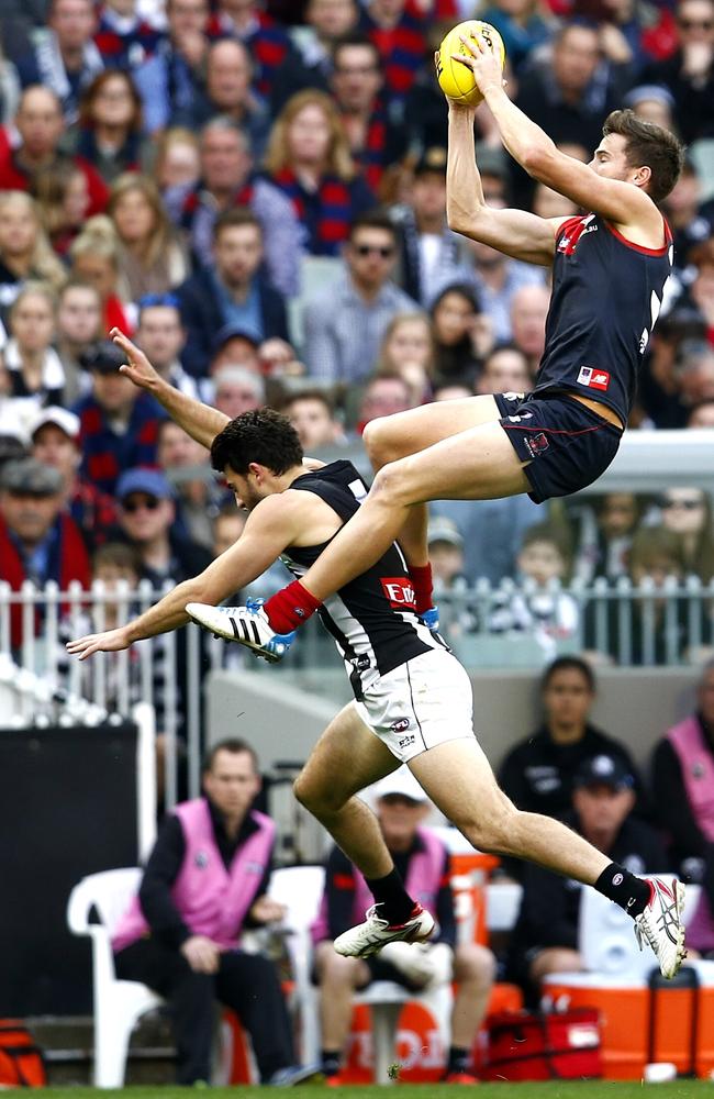 It was bound to happen...Melbourne’s Jeremy Howe marks over Alex Fasolo during the second term. Picture: Michael Klein