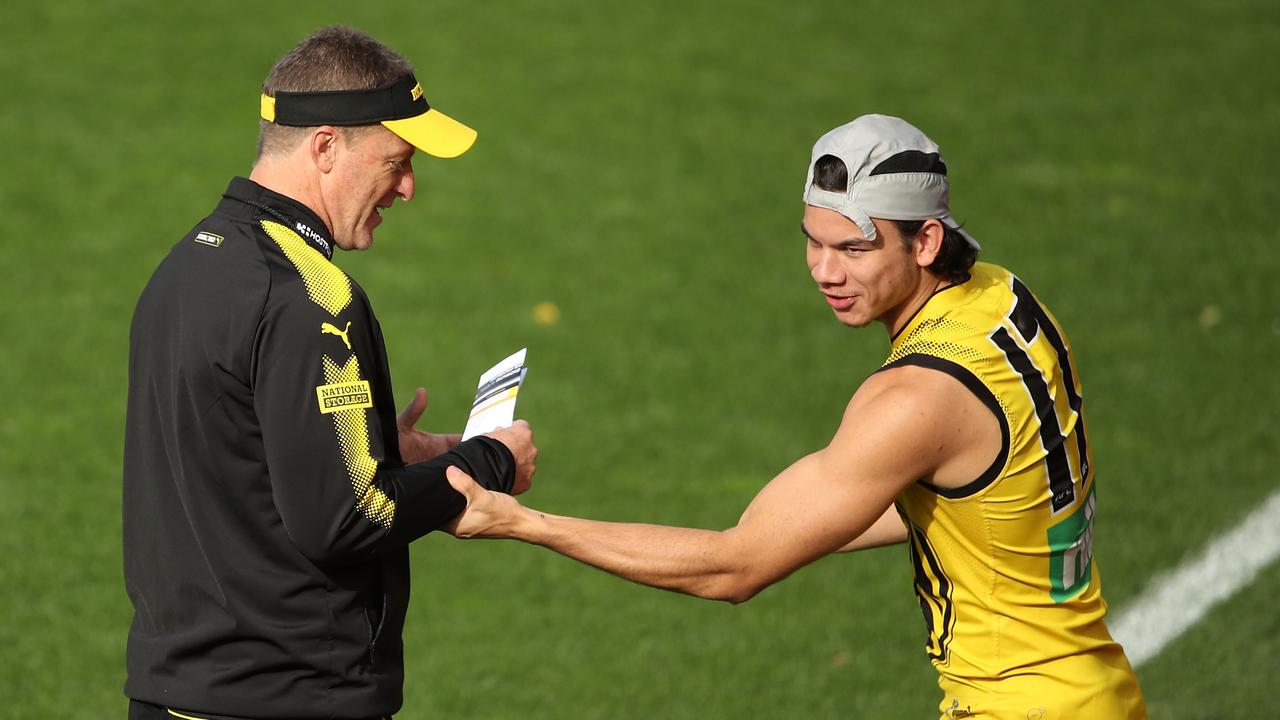 Damien Hardwick and Daniel Rioli at a training session this week.