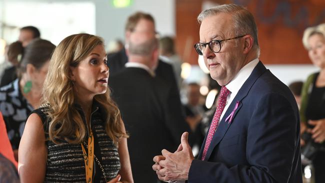 Australia's eSafety Commissioner Julie Inman Grant talks with Prime Minister Anthony Albanese at the UN International Women's Day Parliamentary Breakfast at Parliament House in Canberra. Picture: NCA NewsWire / Martin Ollman