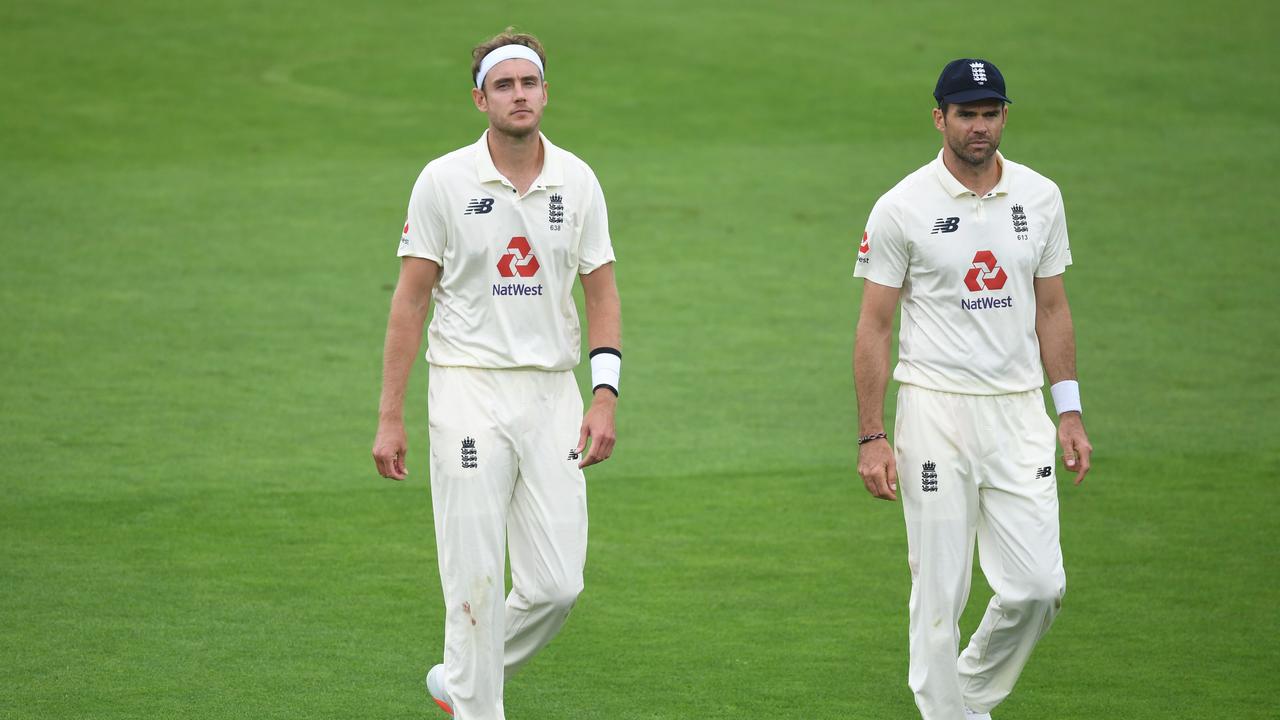 SOUTHAMPTON, ENGLAND - AUGUST 14: Stuart Broad of England(L) and James Anderson of England(R) make their way off for tea during Day Two of the 2nd #RaiseTheBat Test Match between England and Pakistan at the Ageas Bowl on August 14, 2020 in Southampton, England. (Photo by Gareth Copley/Getty Images for ECB)