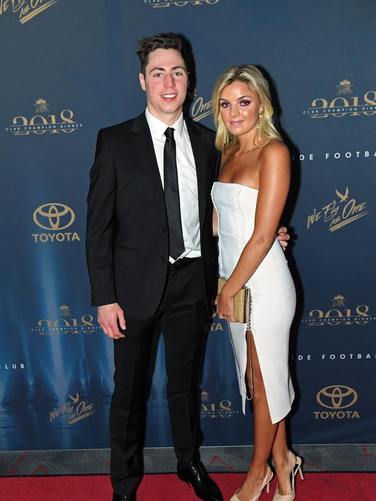 Jake Kelly and Olivia Havers on the red carpet ahead of the Malcolm Blight medal presentation night at the Adelaide Entertainment Centre.