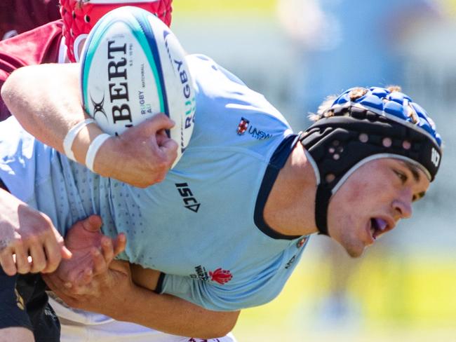 15/10/23. News Local, SportSylvania, Sydney, NSW, Australia.Super Rugby U16sAction from the NSW Waratahs v Queensland Reds Under 16 game at Forshaw Park in SylvaniaNSW player Jarvis OrrPicture: Julian Andrews