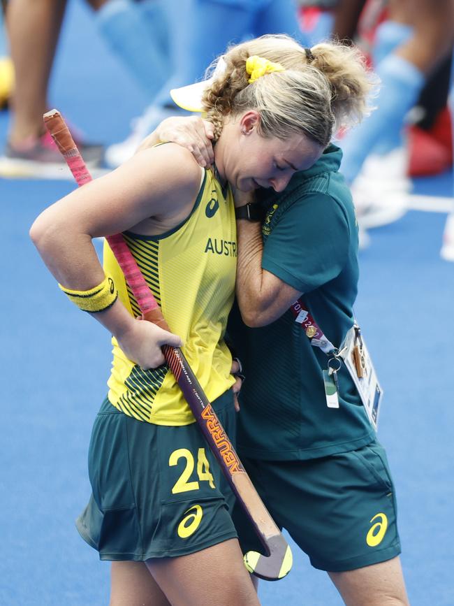 Mariah Williams in tears after Australia’s Olympic elimination. Picture: Alex Coppel.