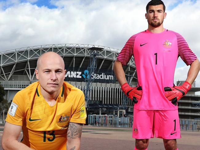 HOLD DO NOT USE WITHOUT PERMISSION FROM TIM MORRISSEY HEAD OF DAILY TELEGRAPH SPORT - Aaron Mooy and Mat Ryan of the Socceroos pose for a portrait ahead of Australia's World Cup playoff against Honduras at ANZ Stadium, Sydney. Picture: Brett Costello