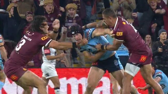 Dane Gagai punches Matt Burton. Photo: Channel 9.