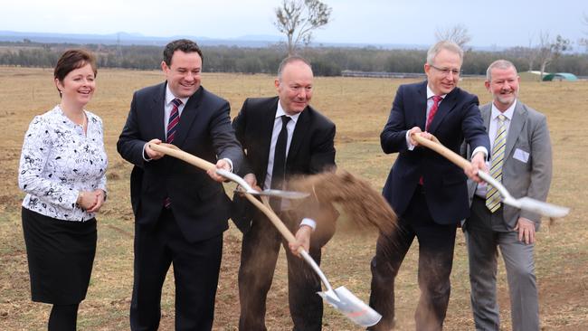 Mulgoa state Liberal MP Tanya Davies, Penrith state Liberal MP Stuart Ayres, Celestino CEO John Vassallo, Federal Minister for Urban Infrastructure and Cities Paul Fletcher and Penrith Mayor John Thain officially turn the sod for the Sydney Science Park at Luddenham.