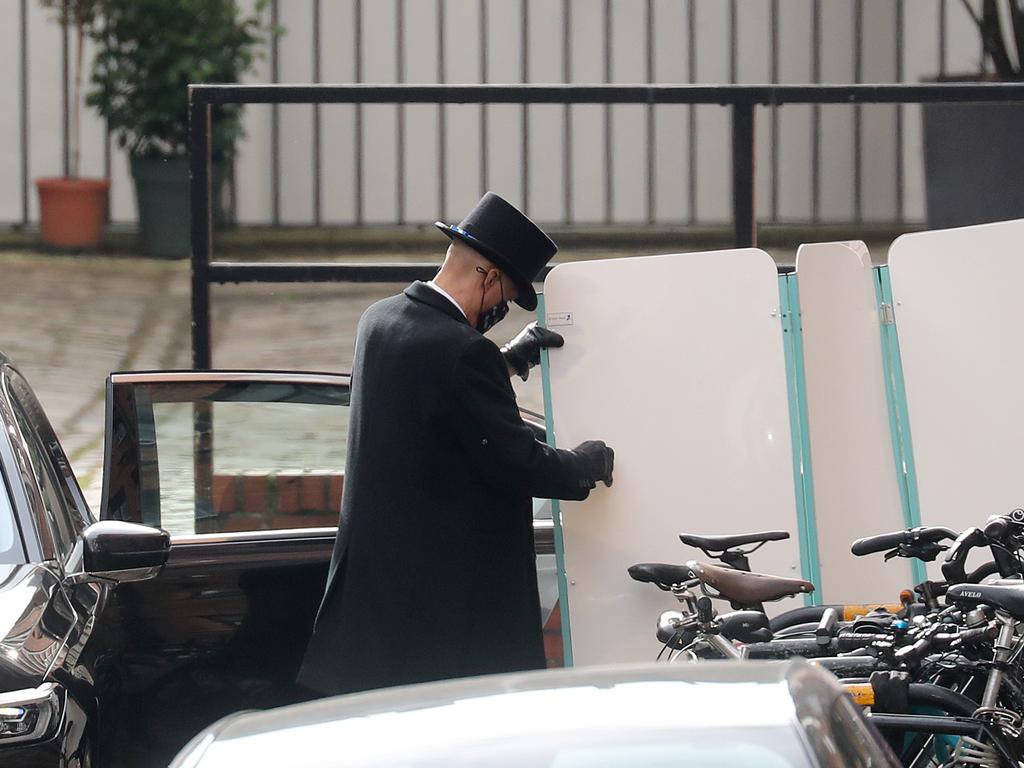 White screens are set up to give Prince Philip privacy as he leaves hospital after his longest-ever stay. Picture: Chris Jackson/Getty Images