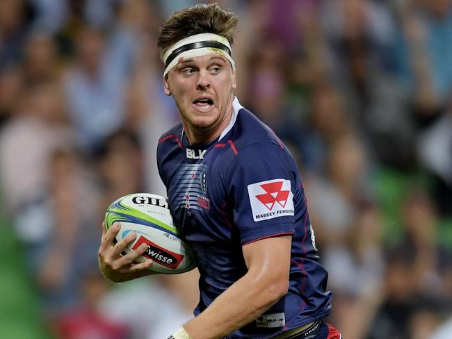 Ross Haylett-Petty of the Rebels scores a try during the Round 6 Super Rugby match between the Melbourne Rebels and the Sharks at AAMI Park in Melbourne, Friday, March 23, 2018. (AAP Image/Tracey Nearmy) NO ARCHIVING, EDITORIAL USE ONLY