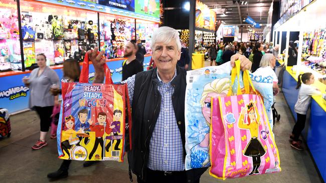 A sight we won’t get this year … Edward Veale, general manager of New Concept Showbags, in the Showbag Pavilion in 2019, the last time the Show ran. Picture: AAP/Mark Brake