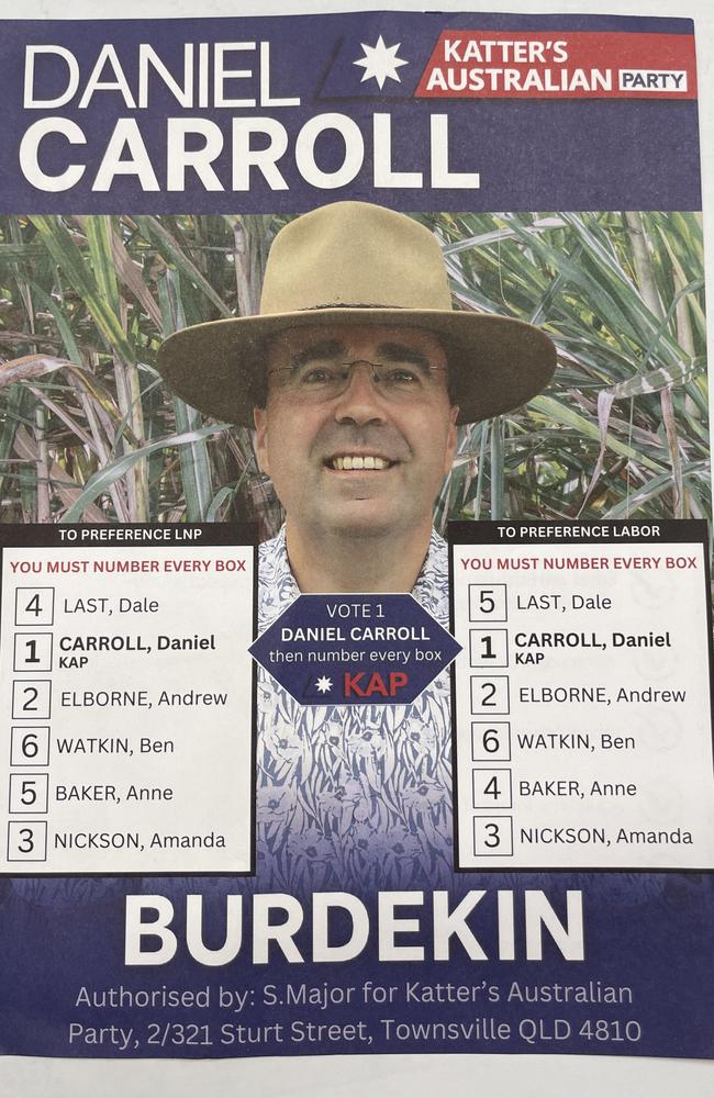 Voting flyer for the Katter's Burdekin candidate Dr Daniel Carroll