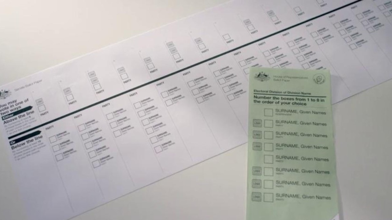 The House of Representatives uses a green ballot paper and the Senate uses a white ballot paper. Picture: AEC