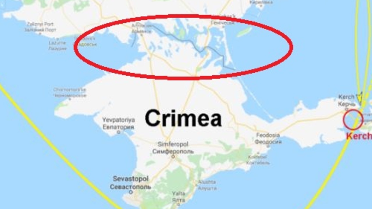 RT’s Russian Google map of Crimea. The yellow line is the captured ships’ intended route. But look at the solid line north of Crimea. This denotes an international border between Crimea and Ukraine. Source: RT/Google Maps.