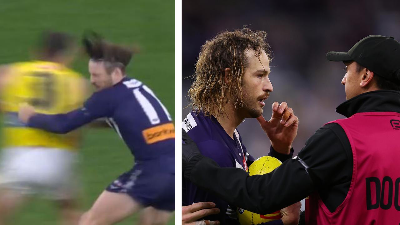 Rhyan Mansell bump, James Aish concussed, video, Richmond Tigers vs Fremantle Dockers, Match Review Officer, how many weeks, James Sicily tackle on Hugh McCluggage