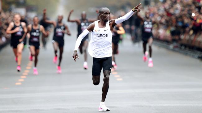 Kenyan long-distance runner Eliud Kipchoge wearing Nike Vaporflys last month in Vienna, where he became the first human to run a sub-two-hour marathon. Picture: Reuters