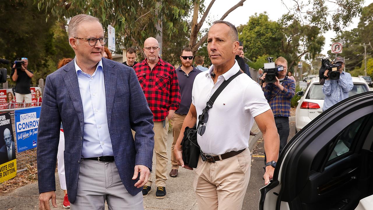 Prime Minister Anthony Albanese leaves Derinya Primary School in Frankston South, on polling day for the Federal seat of Dunkley. Picture: NCA NewsWire / Ian Currie