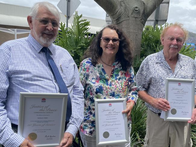 Congratulated for 50 years' service as a Justice of the Peace are Coffs Harbour residents Ron Perry, Madeleine Wardman and Robert Mill. They are seen here with Coffs Harbour state MP Gurmesh Singh. Picture: Chris Knight