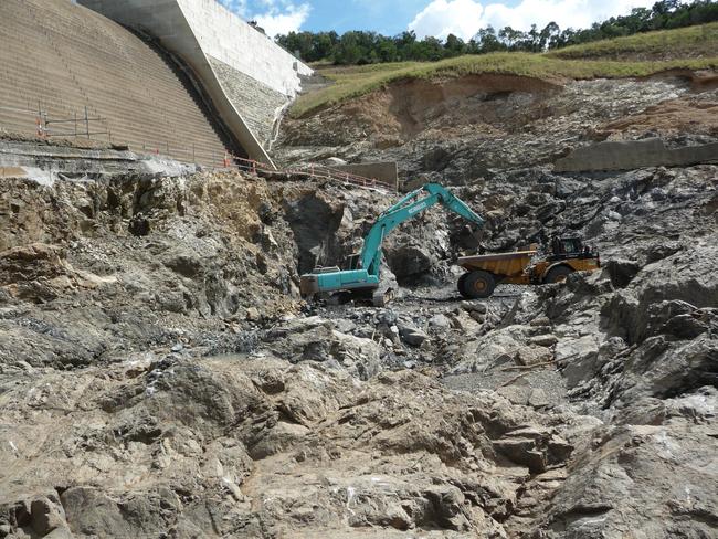Repairs underway at Paradise Dam. This photo shows the scour hole on the left bank.Photo Contributed
