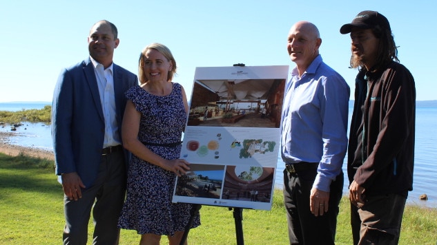 Minster Kate Jones, Cameron Costello, Cr Peter Mitchell and Joshua Walker unveil the plans for the Quandamooka Art, Museum and Performance Institute.