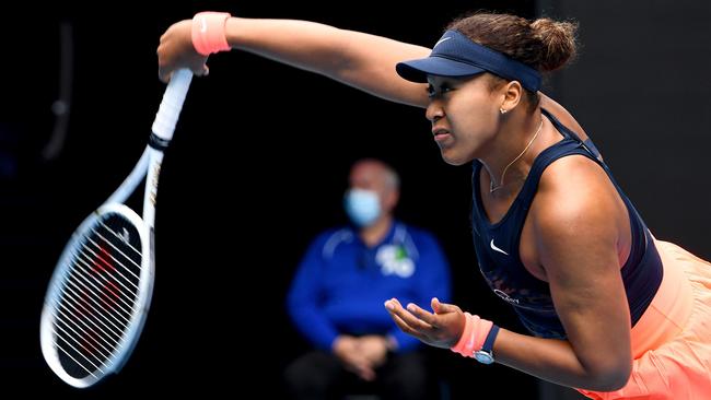 Japan's Naomi Osaka serves against Russia's Anastasia Pavlyuchenkova at the Australian Open on Monday. Picture: AFP