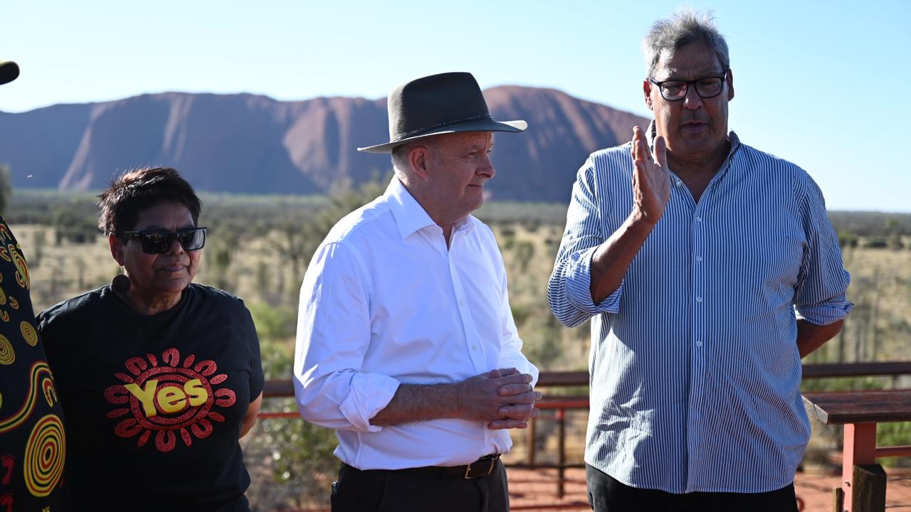 The Prime Minister, Anthony Albanese with Marion Scrymgour, left, and Central Land Council CEO Les Turner at Uluru National Park. Picture: NCA NewsWire / Martin Ollman