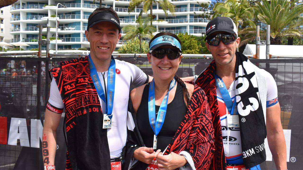 Shane Hatton, Michelle Pepperall and Terry Jones at the Sunshine Coast Ironman 70.3 at Mooloolaba 2022.