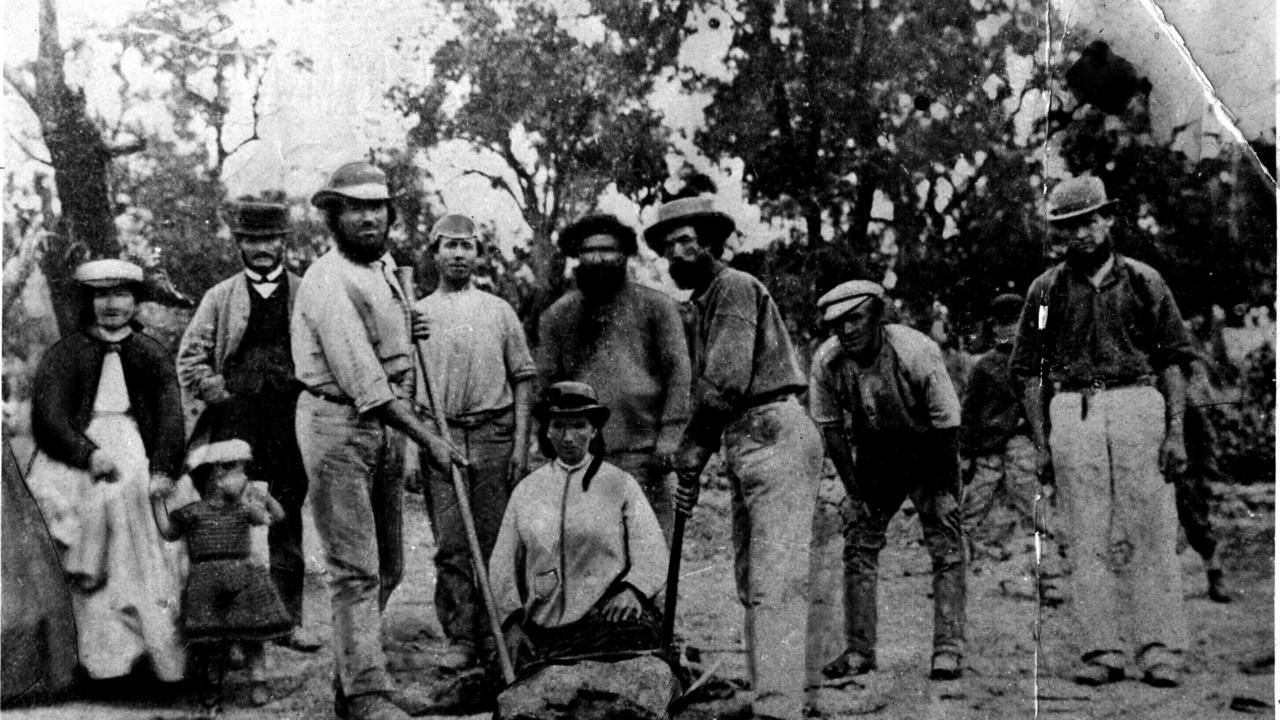 John Deason and Richard Oates showing how they unearthed the Welcome Stranger gold nugget at Bulldog Gully near Moliagul, Victoria in 1869.