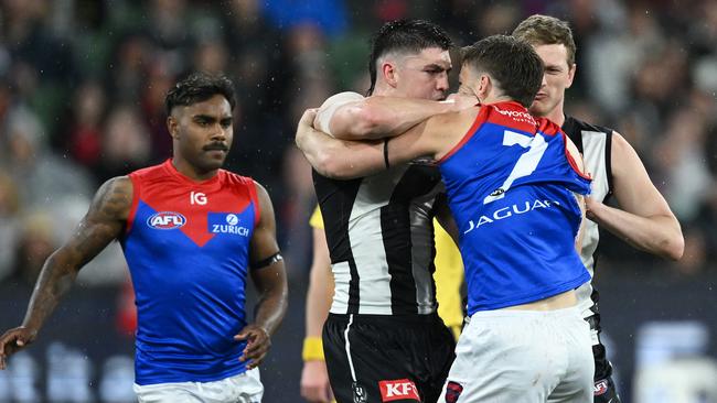 Jack Viney clashes with Brayden Maynard. Picture: Quinn Rooney/Getty Images