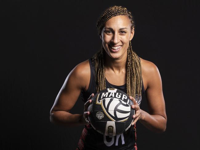 Geva Mentor of the Magpies poses for a photo during the Suncorp Super Netball 2019 season launch in Melbourne, Tuesday, April 16, 2019. (AAP Image/Daniel Pockett) NO ARCHIVING