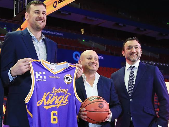 Bogut with Larry Kestelman (centre) and Jeremy Loeliger. Picture: Getty Images