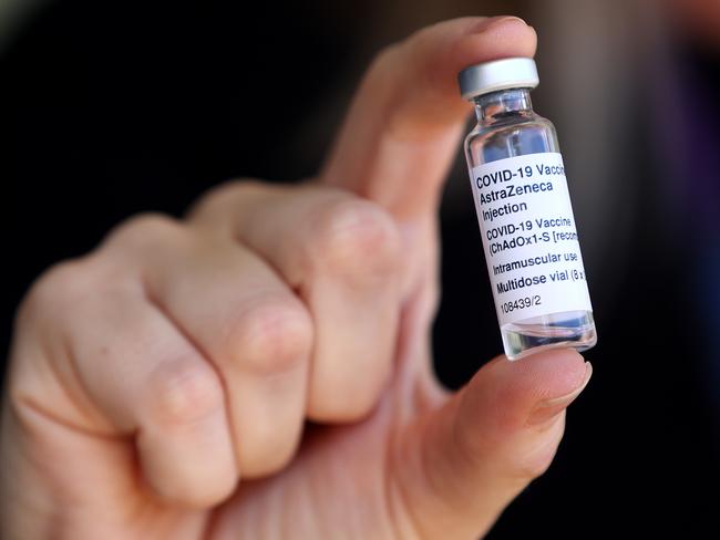 A vile of AstraZeneca COVID-19 vaccine is pictured at Perth Convention and Exhibition Centre. Picture: Getty Images