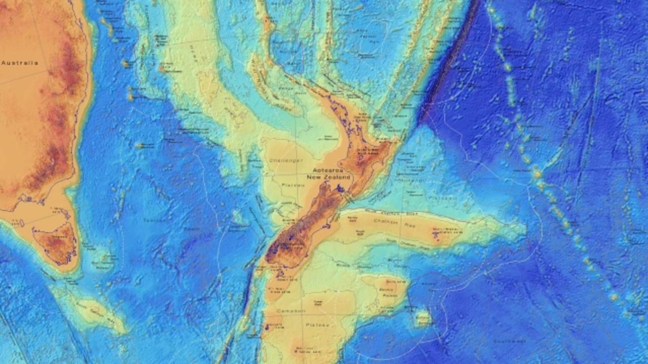 An image of the ocean floor around New Zealand showing the submerged continent of Zealandia which is a lighter shade. Picture: GNS science.