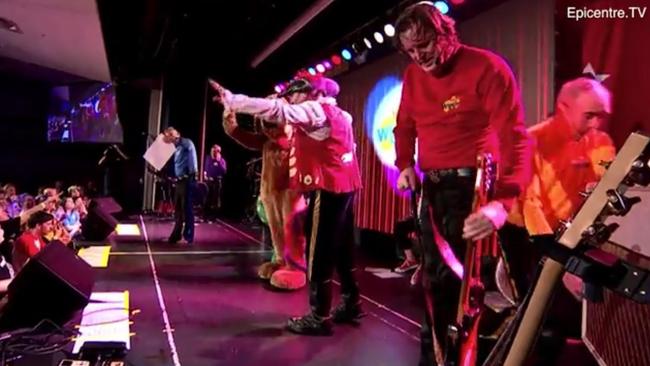 Greg Page, at right, shortly before collapsing at the Wiggles bushfire concert on January 17, 2020. Picture: Epicentre