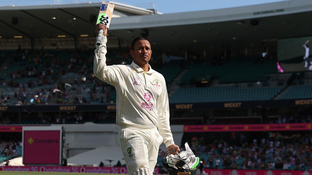 Usman Khawaja of Australia leaves the field. Picture: Cameron Spencer
