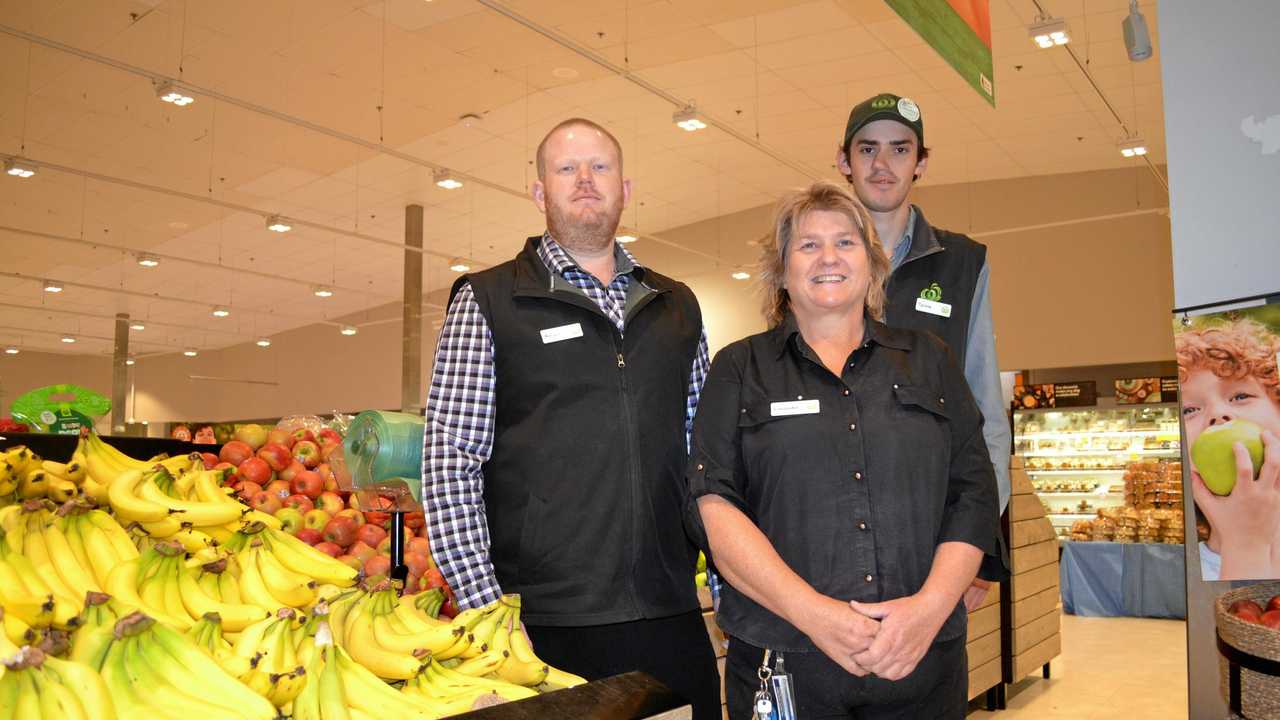 SHOP LOCAL: Adrian Dean, Leeander Walsh and Tyrone Ward from Woolworths Roma are helping support drought affected farmers. Picture: Molly Hancock